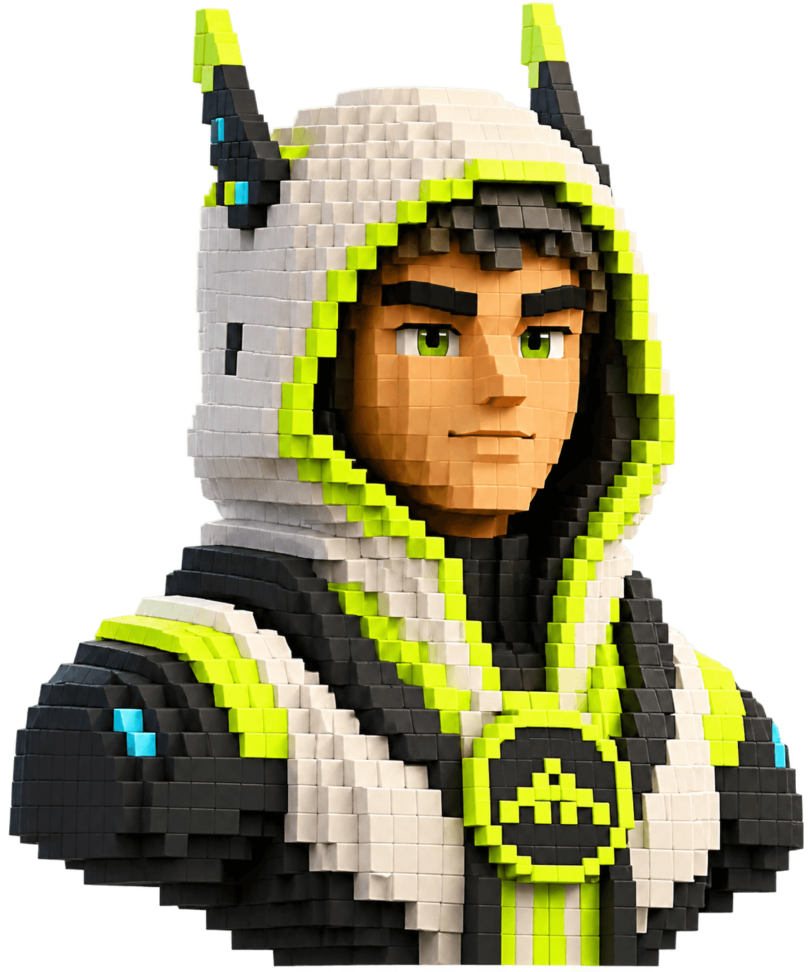 A lime, bone, and charcoal voxel explorer representing a Pons token launcher